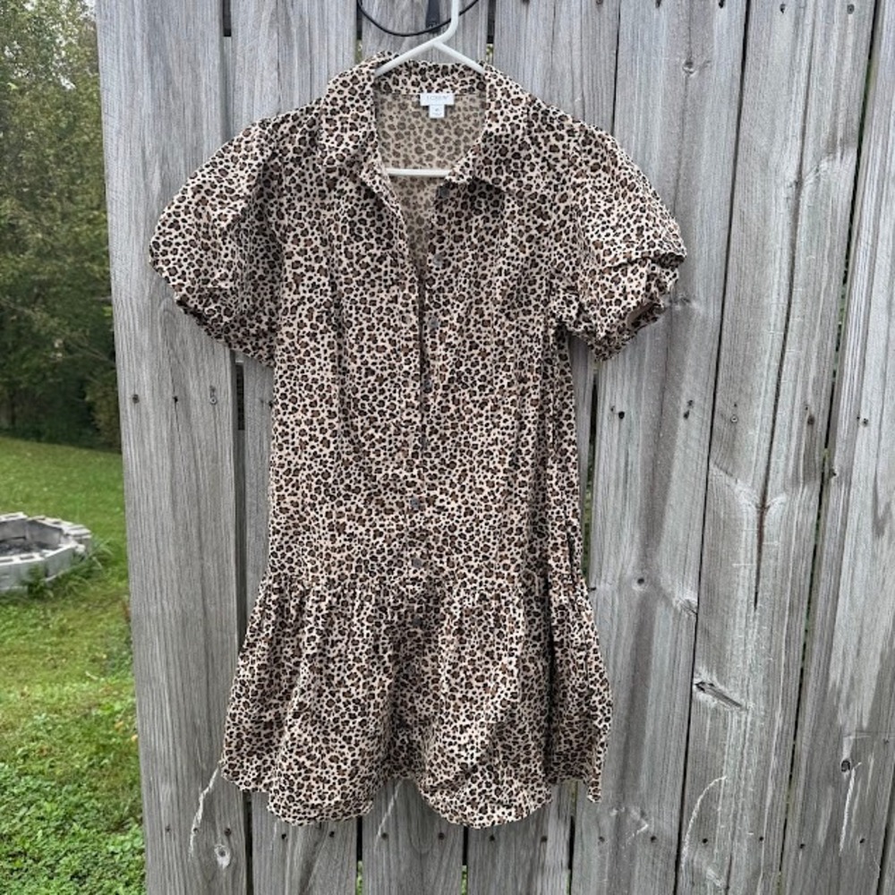 Leopard Print Animal J.Crew Mini Dress 6 Brown Puff Sleeve Drop Waist Ruffle Hem